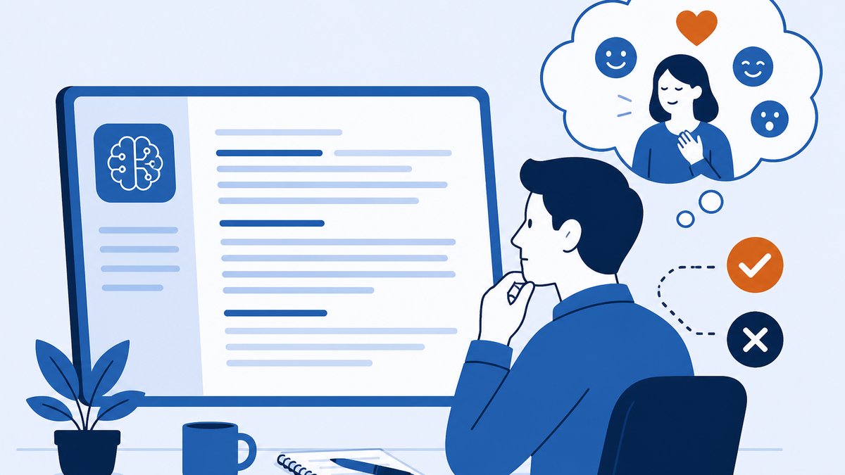 AIが生成した文章を人間が読み、受け手の気持ちを想像しながら最終判断しているイメージのイラスト