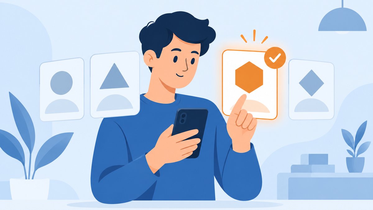 スマートフォンを持った人が並んだ複数のサービスを見比べ、その中の1つを指で選んでいるイラスト