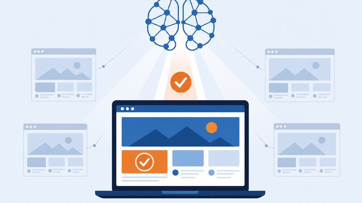 複数のWebサイトの中から中央の1サイトだけがAIに選び出されて推薦されている様子を描いたフラットデザインのイラスト