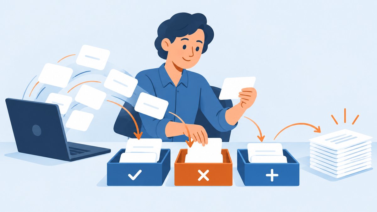 パソコンのAIから出てきた答えのカードを、人が手に取って仕分けし、必要なものを選んで組み立てている様子を描いたフラットイラスト