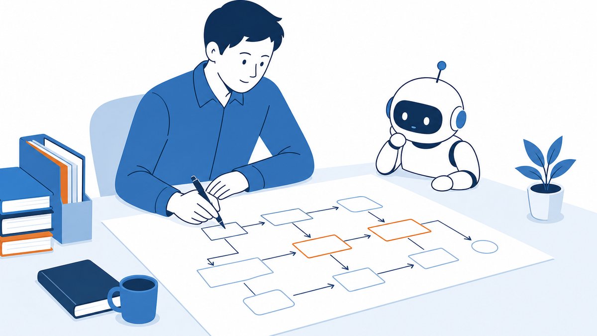 自分の業務を書き出して整理する人と、それを受け取るAIを描いたイラスト